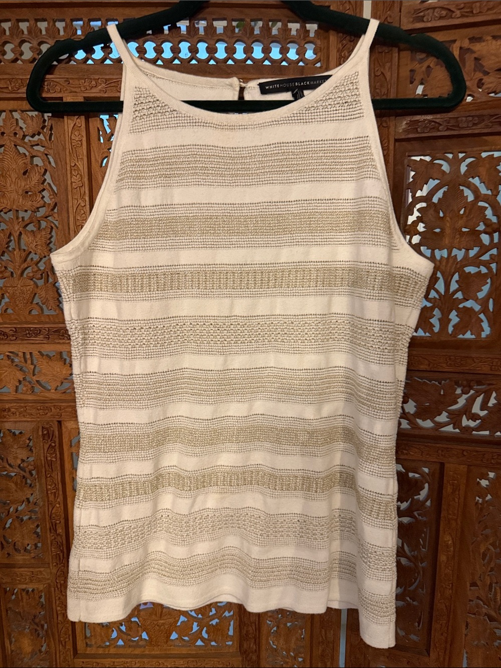 White House Black Market White and Gold Striped Sleeveless Knit Tank